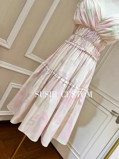 Customized deep V-neck pleated fungus edge with chest pad waist A-line tutu skirt printed suspender dress