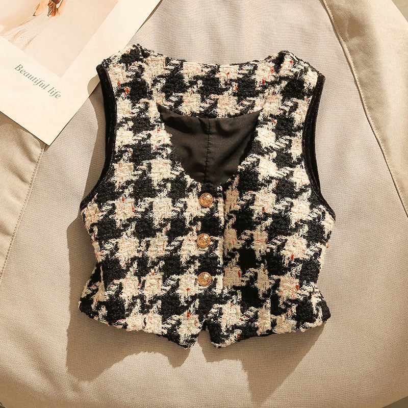 Small fragrant wind vest 2022 new houndstooth vest shoulder vest women wear shirts layered outside with sleeveless V-neck tops