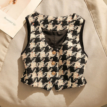 Small fragrant wind vest 2022 new houndstooth vest shoulder vest women wear shirts layered outside with sleeveless V-neck tops