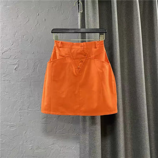 Korean version of women's clothing 2022 autumn new self-cultivation high-waist A-line short skirt orange casual single-breasted denim skirt W141