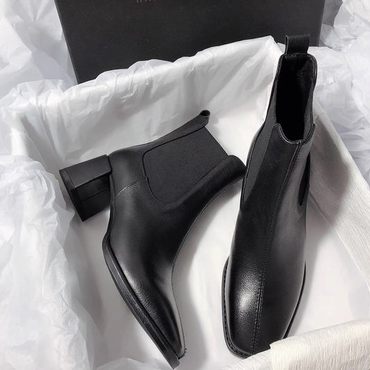 Senyu Haixiang 2022 new thick heel Chelsea brown retro temperament leather square head elastic short boots