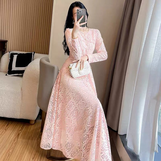 Women's 2022 new autumn wear temperament goddess fan pink lace dress high-end cold wind long-sleeved dress