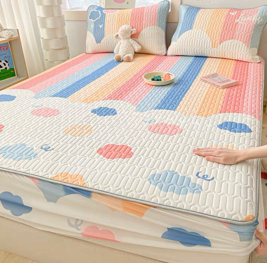 2023 Ice silk latex mat three-piece set bed sheet summer machine washable single student dormitory air-conditioning soft mat
