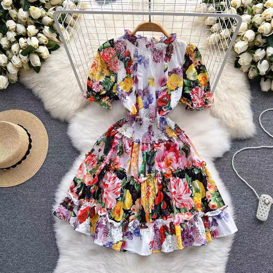Design sense palace style print contrast color lotus leaf collar high waist dress women slim slim short sleeve puffy skirt