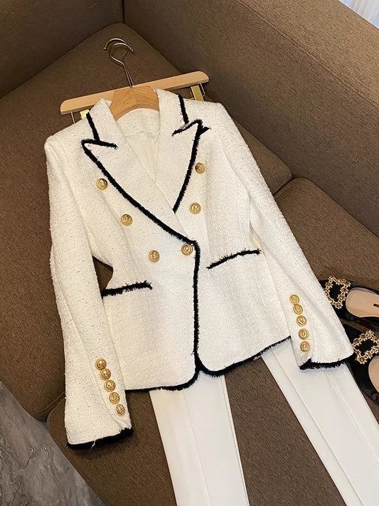 Spring and winter black and white slim woolen suit niche design small short suit jacket female 6594 cotton regular