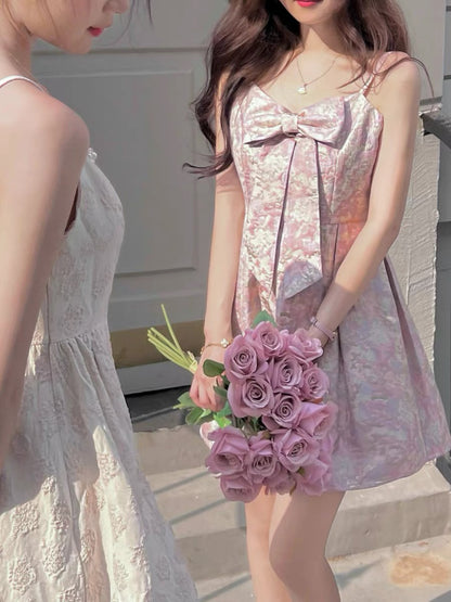 Q women's family oil painting / limited new bow dress embossed two-wear pink floral suspender skirt