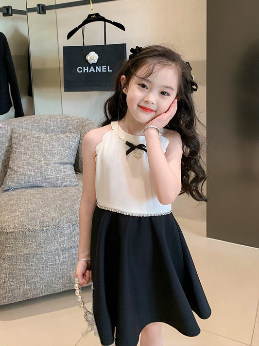 Original girls' summer splicing small fragrant wind hanging neck skirt temperament skirt children's children's clothing 2023 new dress