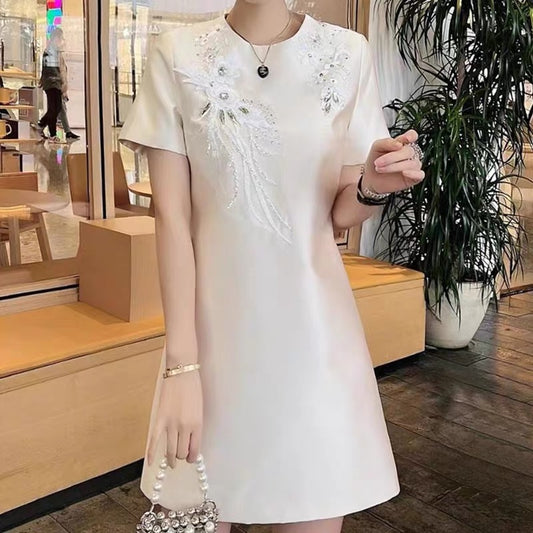 High-quality heavy industry beaded rhinestones three-dimensional flowers light luxury ladies temperament party banquet small dress dress female 8221