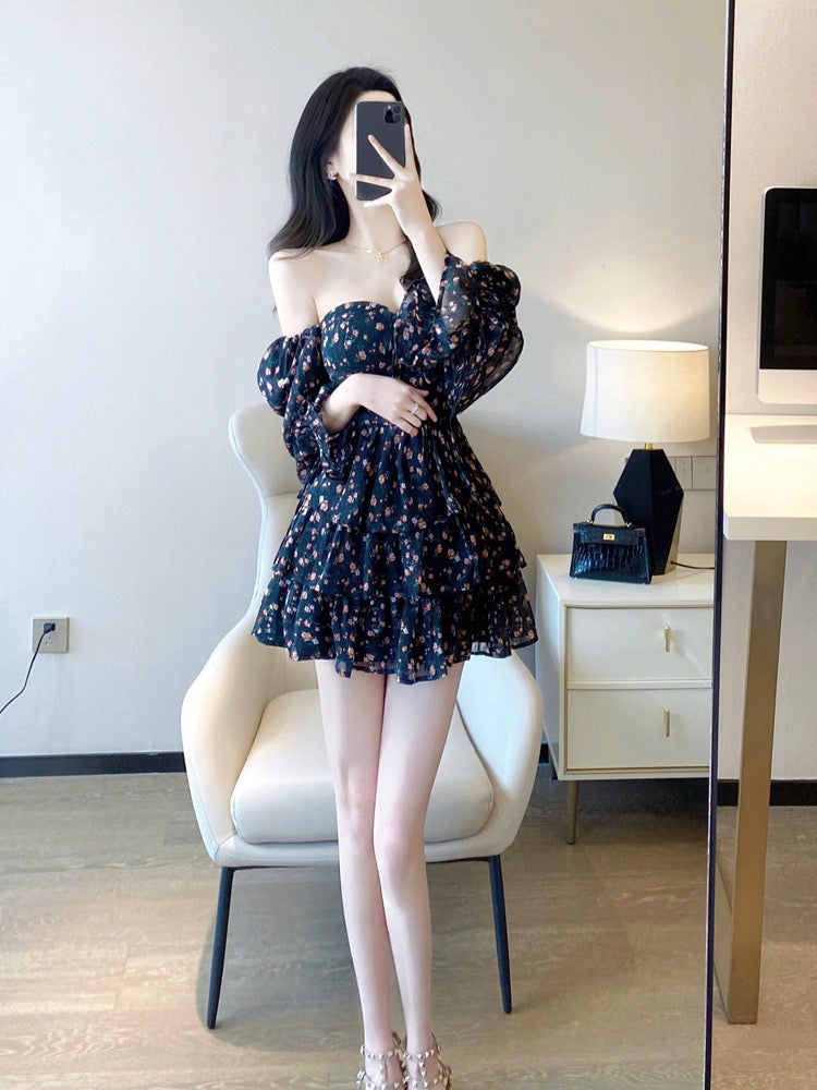 Black Floral Dress 2023 Spring and Autumn New French Temperament Ladies Bandage Tube Top Sweet A-line Cake Dress
