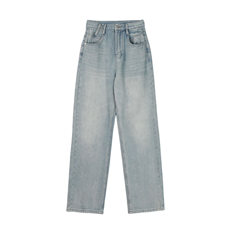 MUKOK Retro Blue Straight Jeans Women 2023 Spring New High Waist Drape Casual Wide Leg Mopping Trousers