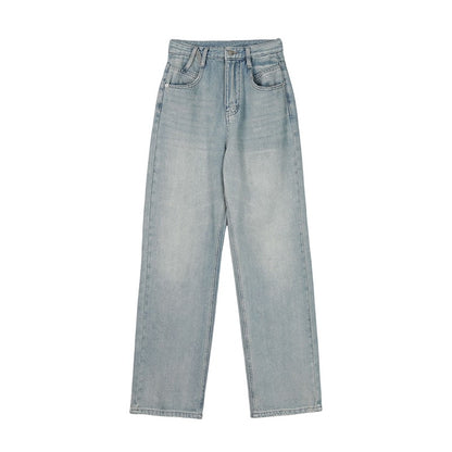 MUKOK Retro Blue Straight Jeans Women 2023 Spring New High Waist Drape Casual Wide Leg Mopping Trousers
