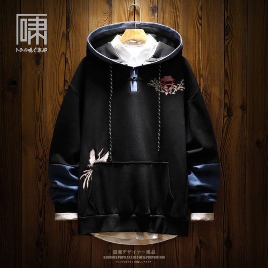 Tide Brand National Tide Chinese Wind Crane Embroidery Niche Hooded Sweater Men's