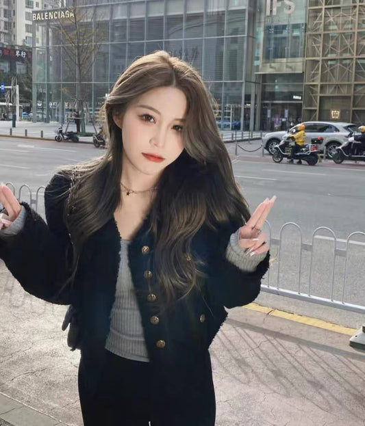 Miss Cocoli ~ temperament celebrity western style black small fragrance coat female autumn lady style loose short coat