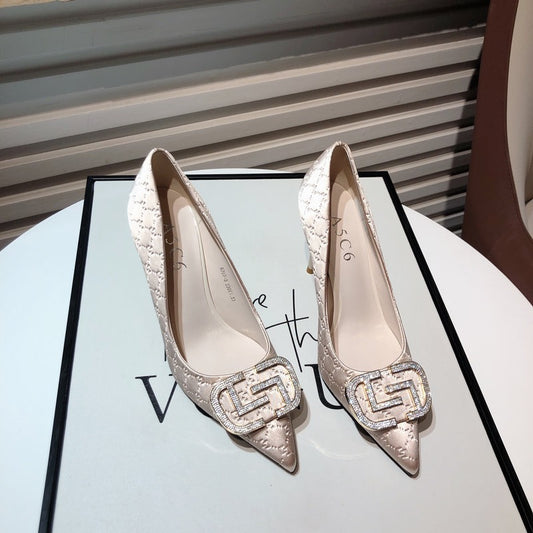 Temperament with skirt satin high-heeled shoes banquet shoes women 2022 new luxury rhinestone square buckle stiletto pointed shoes