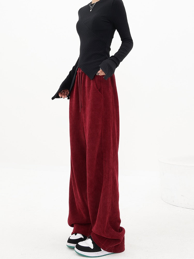 KEN STUDIO corduroy floor mopping wide-leg casual pants women's autumn and winter loose slim belt drawstring sweatpants pants