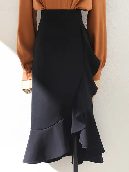 Irregular high waist and thin autumn fragrance yellow lotus leaf side wrap hip skirt women's 2023 spring and summer new mid-length skirt