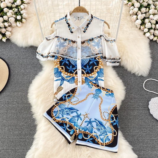 Fashion suit women's casual lapel single-breasted off-the-shoulder loose printed shirt two-piece set high waist wide-leg shorts summer