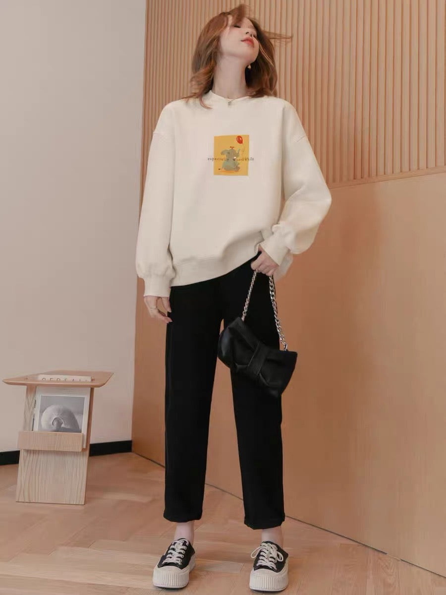 Small grain print fleece sweater women's autumn 2022 new small loose round neck pullover long-sleeved knitted top