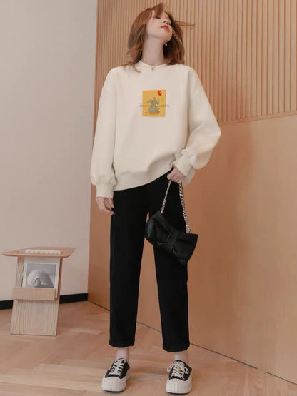 Small grain print fleece sweater women's autumn 2022 new small loose round neck pullover long-sleeved knitted top