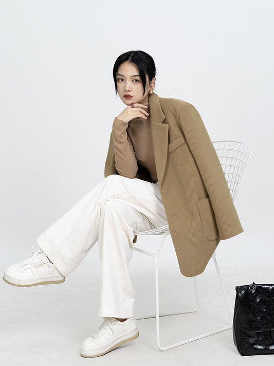 Women's woolen suit jacket 2022 autumn and winter new thickened retro loose casual Korean mid-length woolen jacket