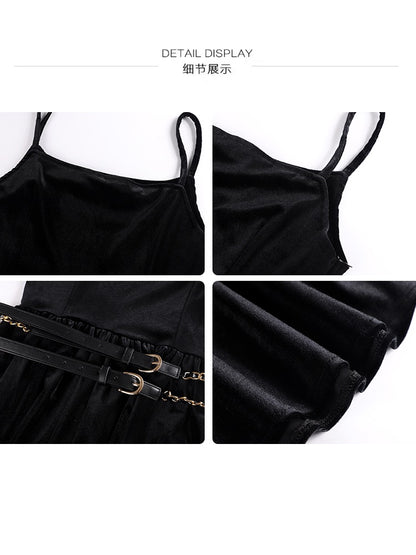 Hong Kong style retro velvet suspender dress female autumn and winter sexy birthday party chic Hepburn style dress skirt