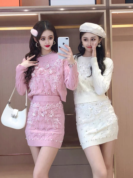 Autumn suit sweet heavy industry beaded sequins flower sweater skirt 2022 new women's knitted two-piece suit