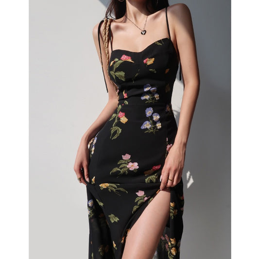 French style black printed high waist suspender skirt retro sexy waist slim side slit tie dress long skirt female