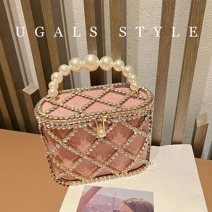 UGALS Rhombus French Retro Metal Shiny Diamond Vegetable Basket Bag Dinner Rhinestone Hand Messenger Bag