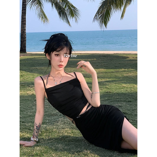 Aunt Barbie Spice Girls Halter Neck Sling Dress Female Early Spring New Hollow Chain Design Slit Long Dress