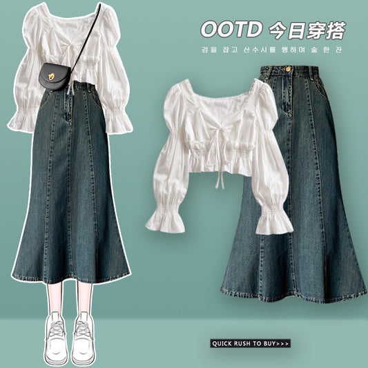 Spring and autumn denim fishtail bag hip dress suit 2023 new French puff sleeve chic short shirt two pieces