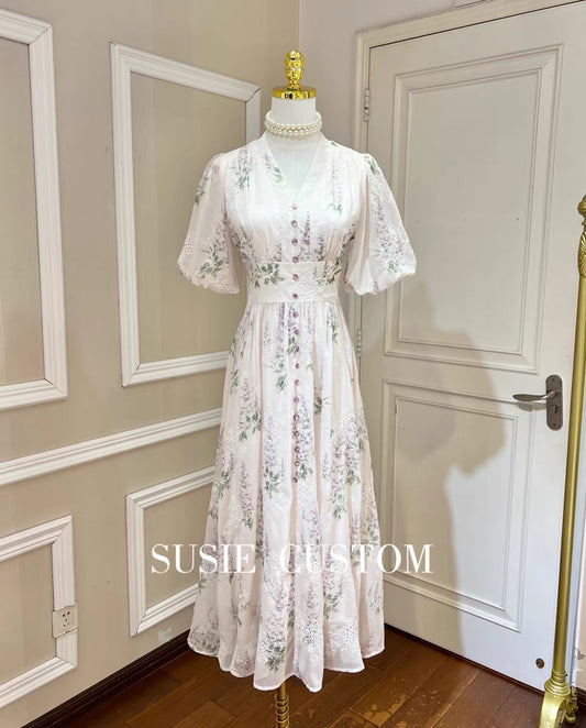 High Custom Heavy Industry Hollow Embroidery Flower Print Puff Sleeve Single Breasted Waist Swing V-Neck Long Skirt Dress