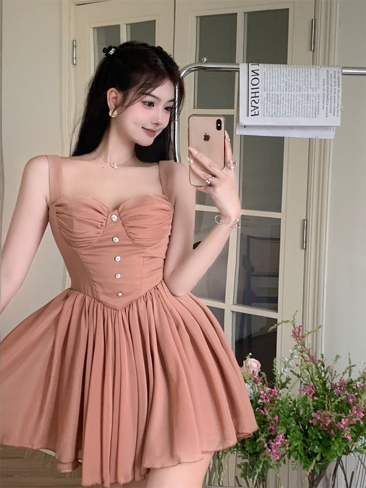 Pure desire pleated sling dress women's summer dress sexy beautiful back short skirt French slim waist a-line tutu skirt