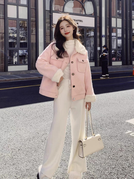 Pink Lapel Wool Coat Women's Winter Thickened Short Small Man 2022 New High-quality Korean Wool Coat