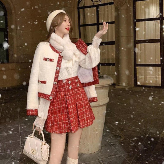 Sweet Coat High Waist Check Skirt Two Piece Set