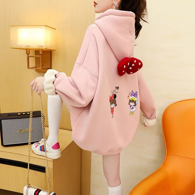Plus velvet thickened hooded sweater jacket women's autumn and winter 2022 new foreign style age reduction loose lazy wind all-match tops