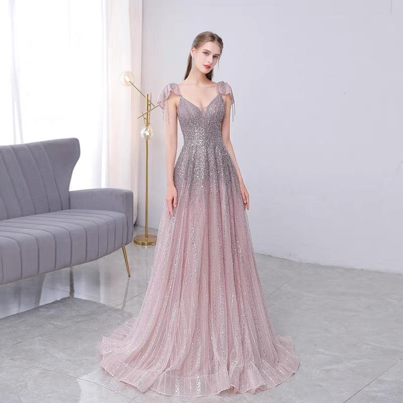 Pink purple V-neck one-shoulder high-end evening dress female 2022 new bridal banquet toast clothing annual meeting show