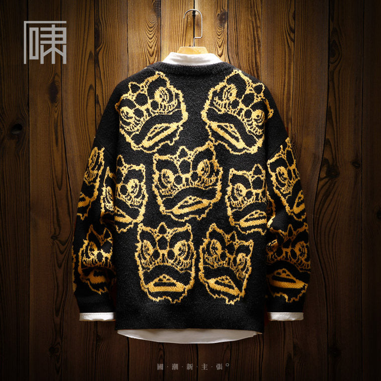 People's tide brand Guochao lion wake sweater men's Japanese style Harajuku style niche trendy men plus fleece