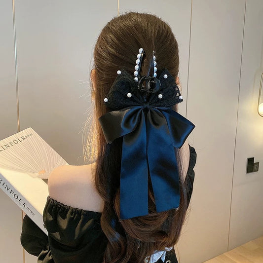 Super fairy pearl bow clip back of the head female summer mesh streamer hairpin large shark clip headdress new