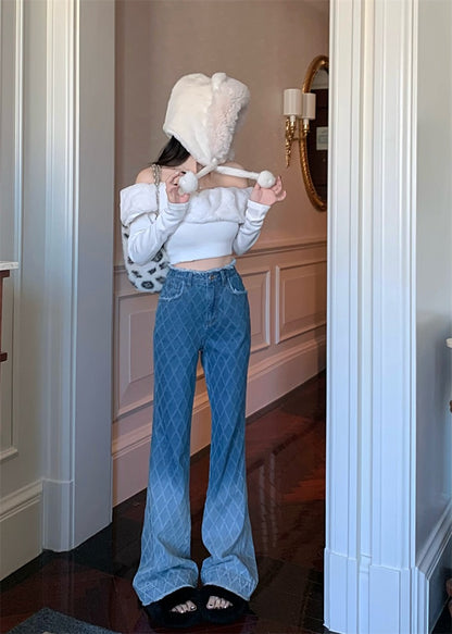 kumikumi Hong Kong-style jeans women's winter raw-edged straight-leg pants rhombus gradient color wide-leg pants mopping long pants