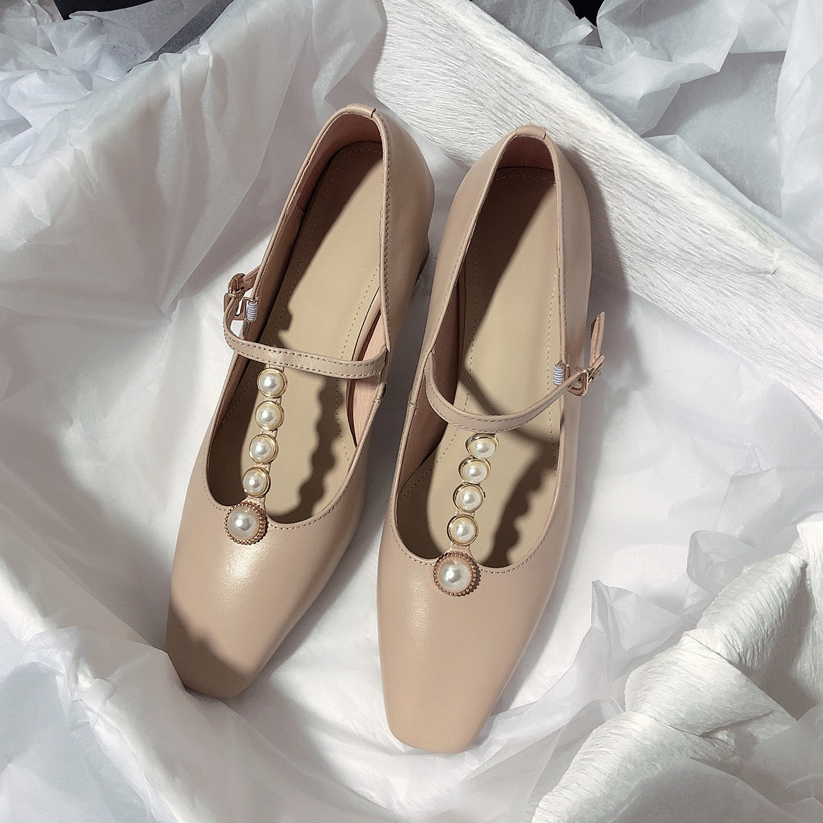 Senyu Haixiang 2023 new leather high-heeled literary T-shaped shoes retro pearl Korean version sweet all-match single shoes