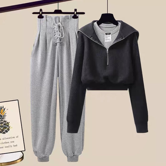 Autumn and winter new women's Hong Kong style suit retro chic little man autumn knitted sweater leggings two-piece set