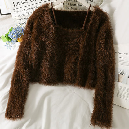 Suit women's new plush velvet loose and thin buttonless cardigan long-sleeved sweater jacket with short camisole