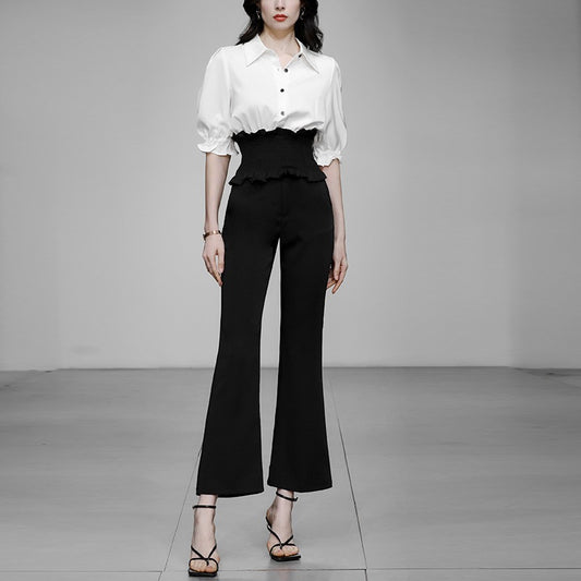 Summer women's clothing 2023 new fashion temperament white shirt shirt black flared pants cropped pants suit