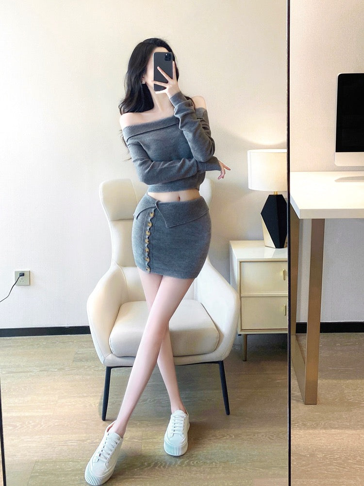 Knitted suit women's two-piece suit 2023 spring and autumn new temperament ladies one-shoulder hot girl sexy bottoming sweater skirt
