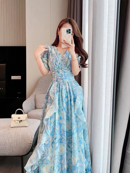 Miss Dong high-end customized summer women's clothing 2022 new high-end sense Van Gogh starry sky oil painting French dress