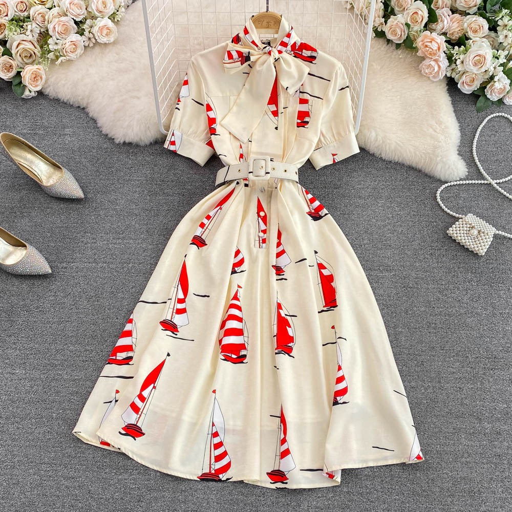 Summer high-end light luxury retro temperament stand collar bow tie waist printed a-line dress elegant big swing long skirt