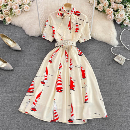 Summer high-end light luxury retro temperament stand collar bow tie waist printed a-line dress elegant big swing long skirt