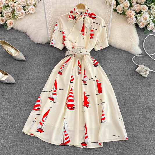 Summer high-end light luxury retro temperament stand collar bow tie waist printed a-line dress elegant big swing long skirt