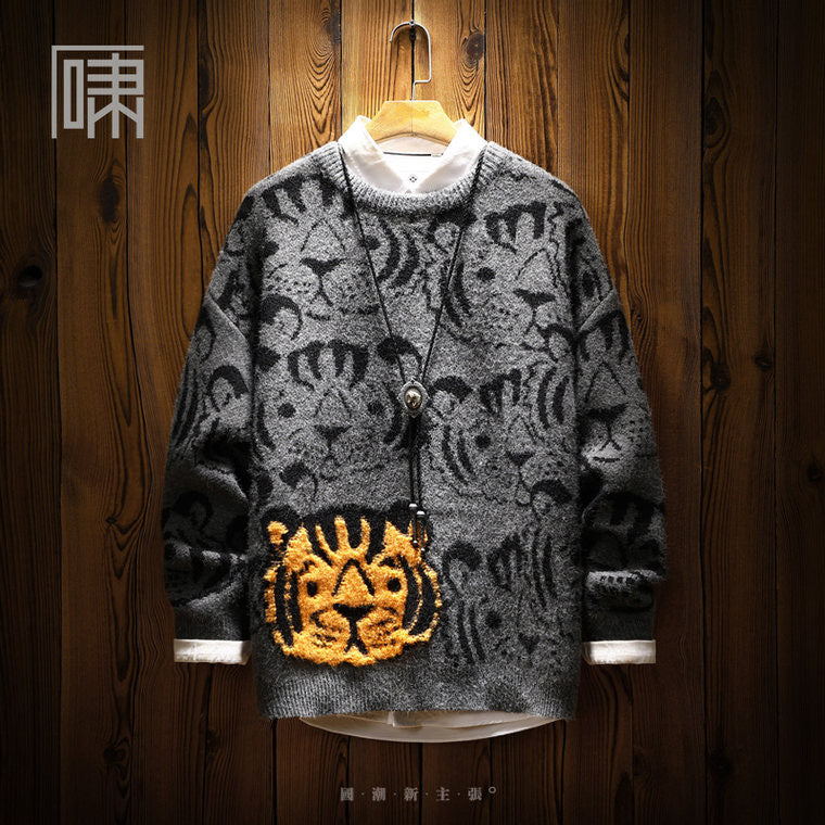 Autumn Tide Brand National Tide Design Sense Tiger Head Sweater Men's Harajuku Wind and Tiger Year natal Year Tide Men's Knitwear Men's Edition