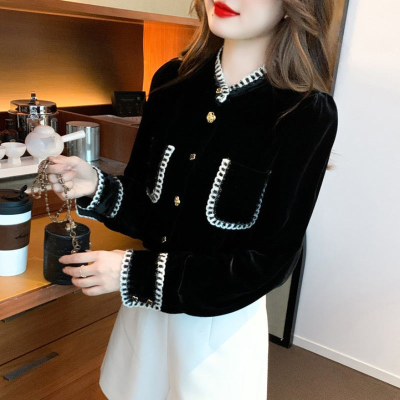 French style small fragrance high-end black velvet shirt women's 2023 new autumn and winter plus velvet thick temperament top